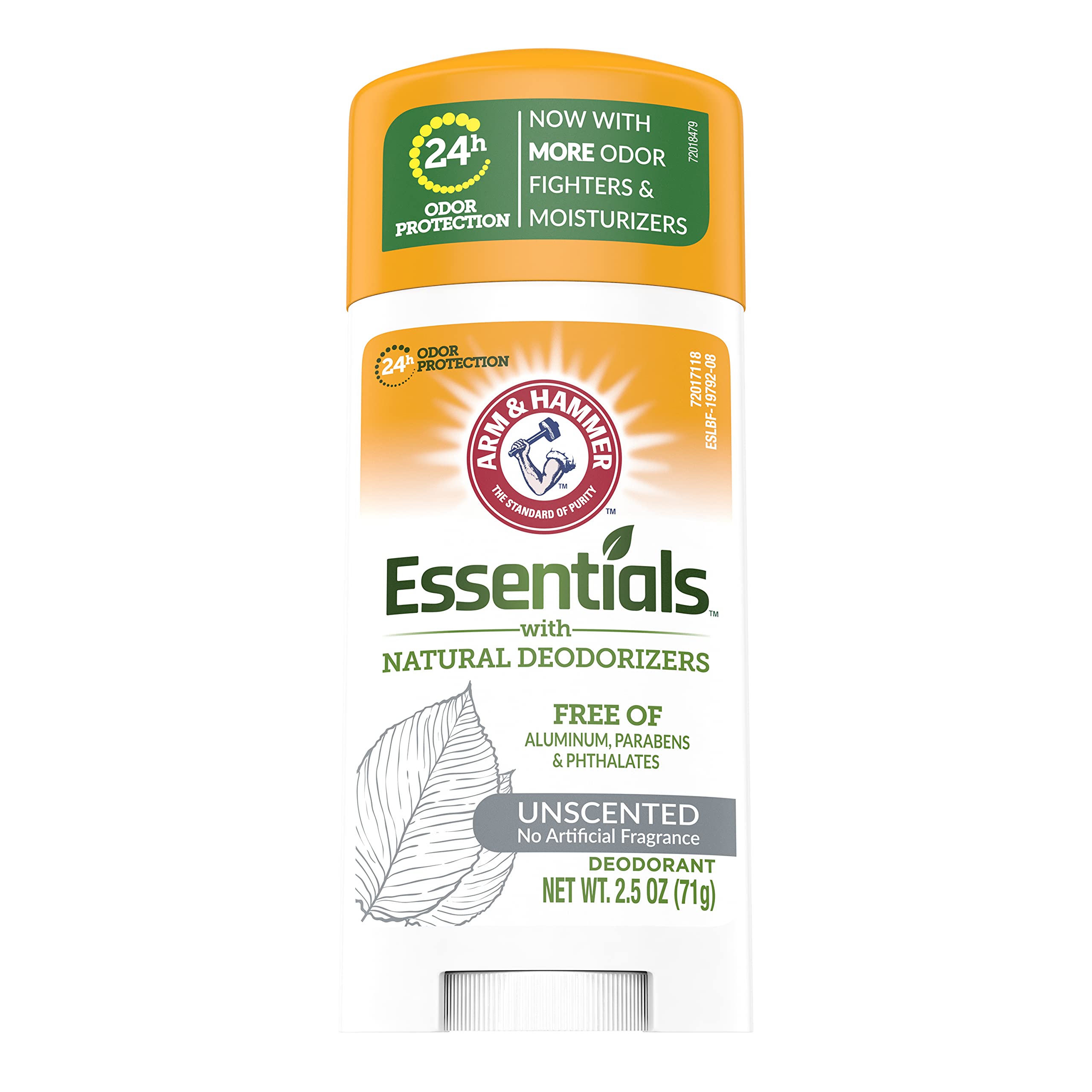 Arm & Hammer Essentials Unscented deodorant close-up showing natural deodorizers for odor neutralization.