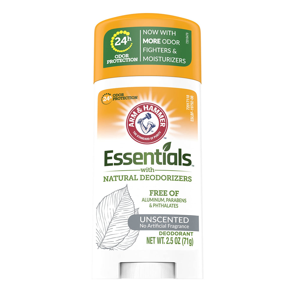 Arm & Hammer Essentials Unscented deodorant close-up showing natural deodorizers for odor neutralization.