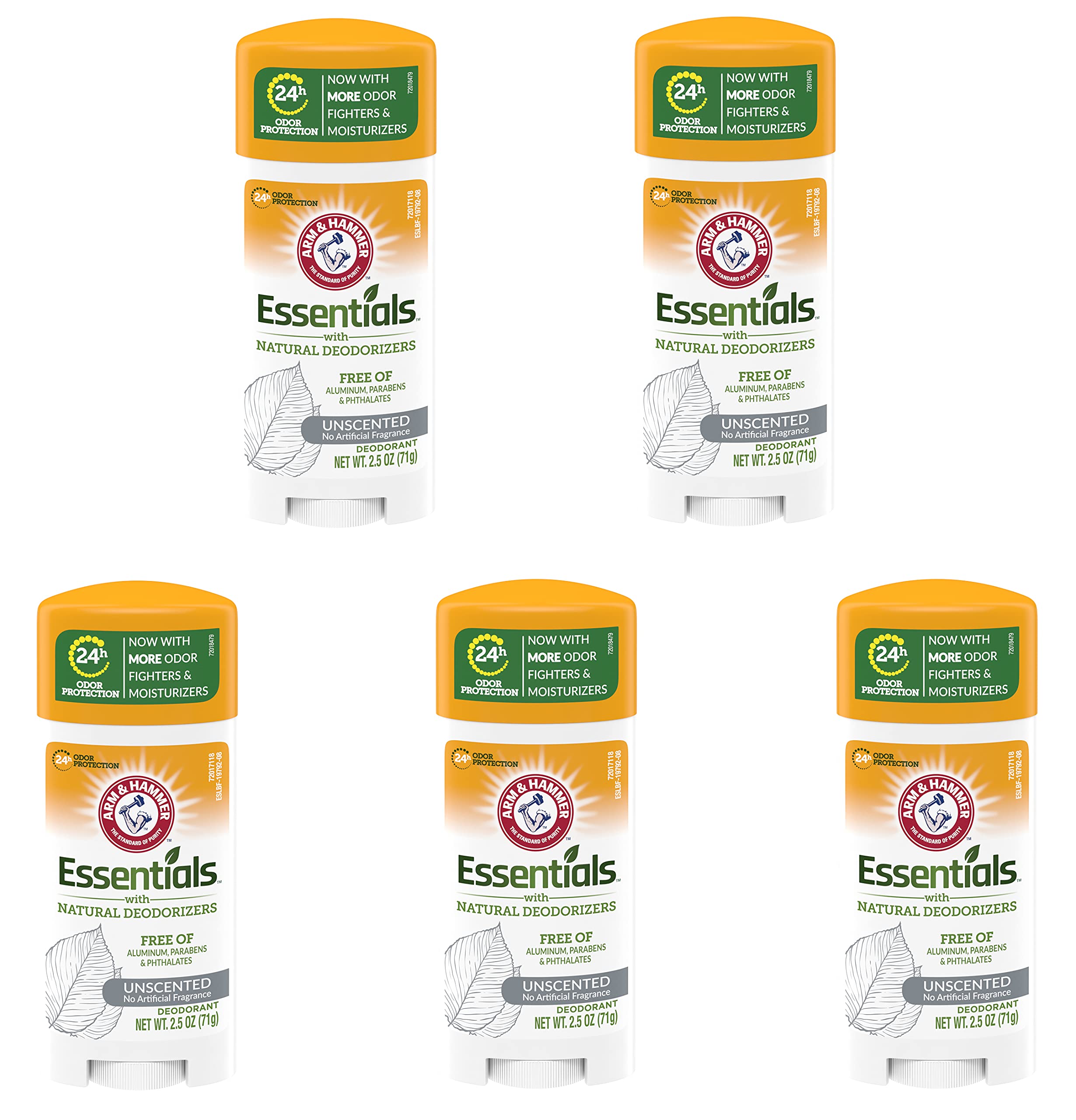 Arm & Hammer Essentials Unscented deodorant front view shows the five-pack for odor control.