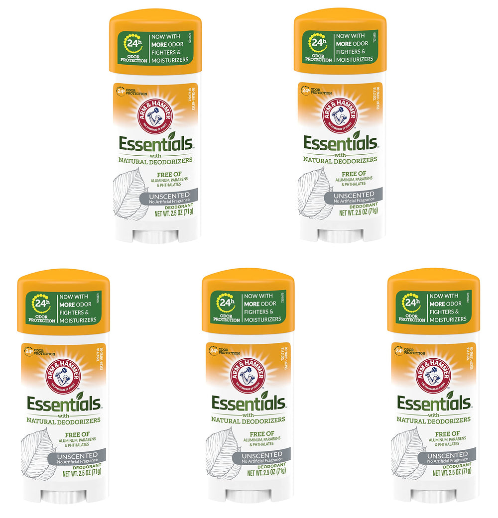Arm & Hammer Essentials Unscented deodorant front view shows the five-pack for odor control.