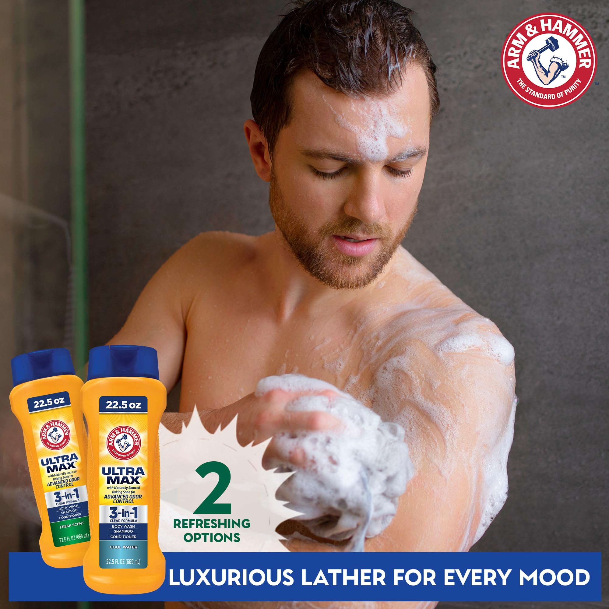 Arm & Hammer Essentials men's body wash on shower shelf showing clean, dual-action formula.