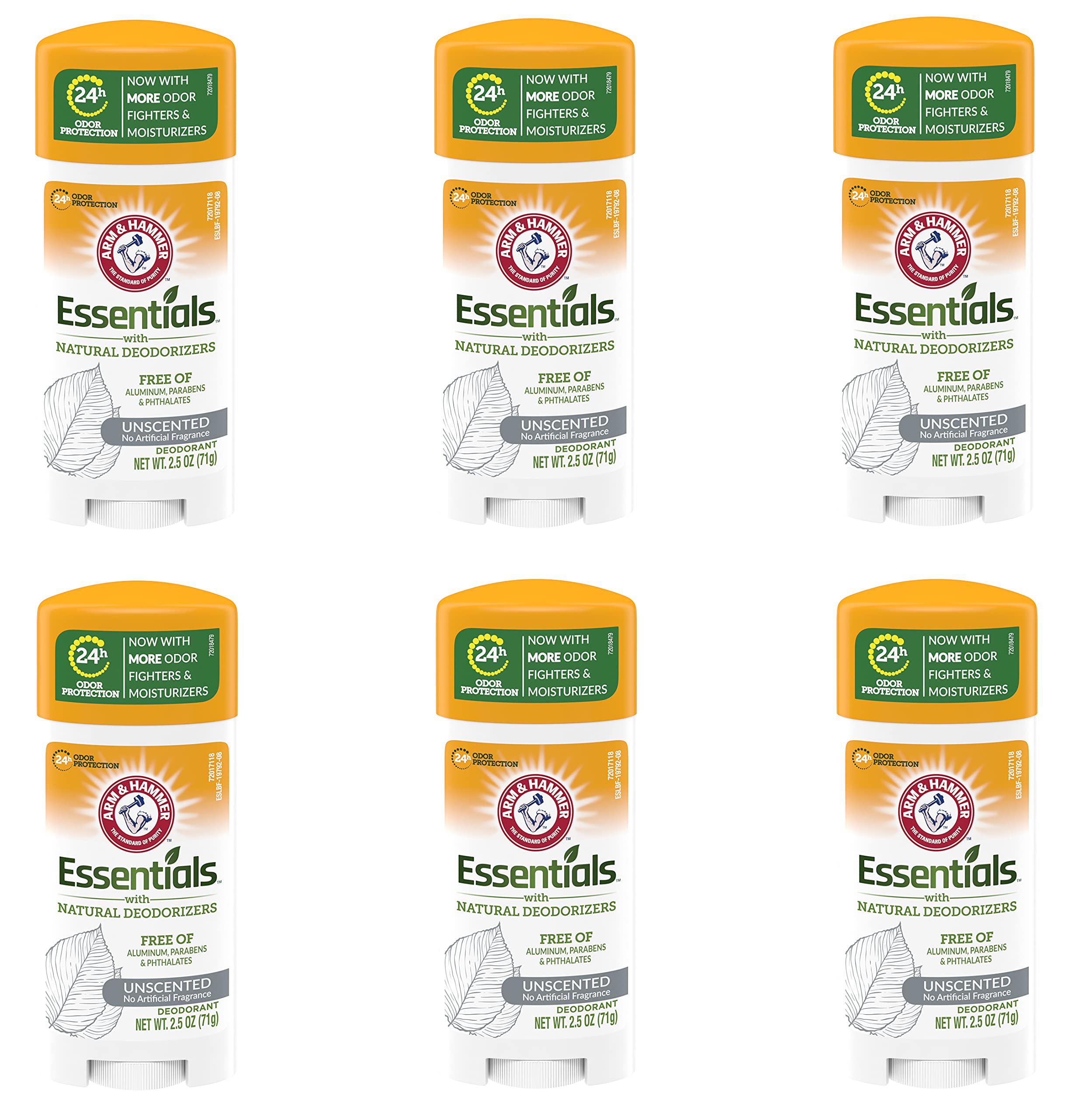 Arm & Hammer Essentials solid deodorant unscented packaging highlights fragrance-free, aluminum-free protection.