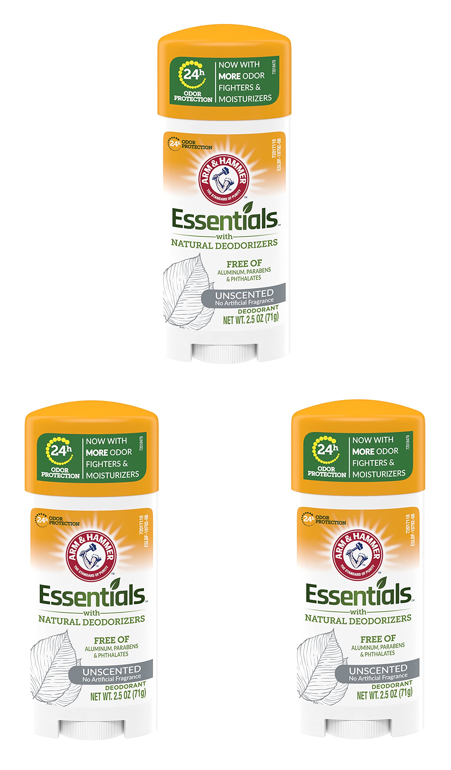 Arm & Hammer Essentials Unscented deodorant packaging highlights aluminum-free formula.