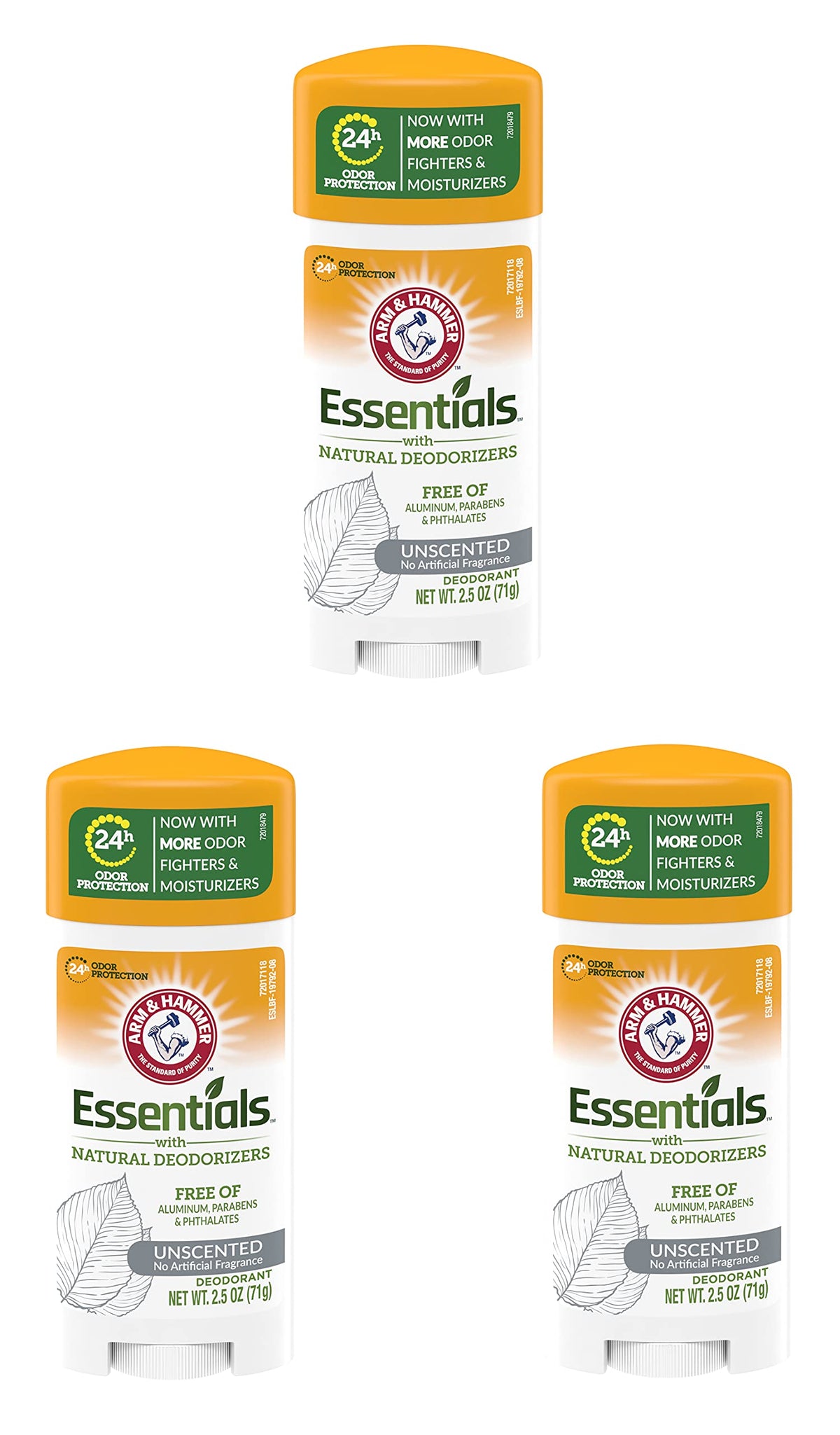 Arm & Hammer Essentials Unscented deodorant packaging highlights aluminum-free formula.