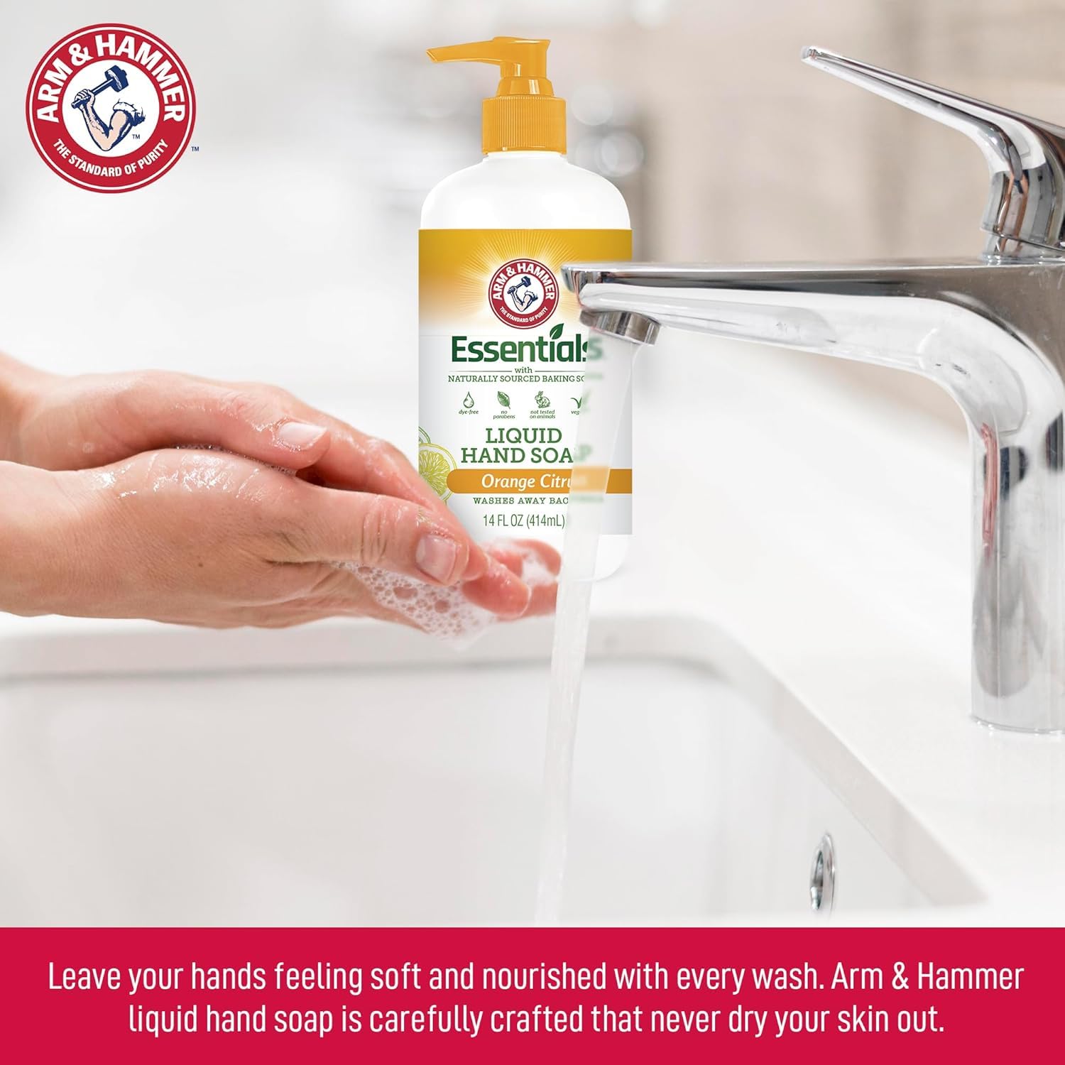 Arm & Hammer hand soap foaming lather demonstrates thorough cleansing