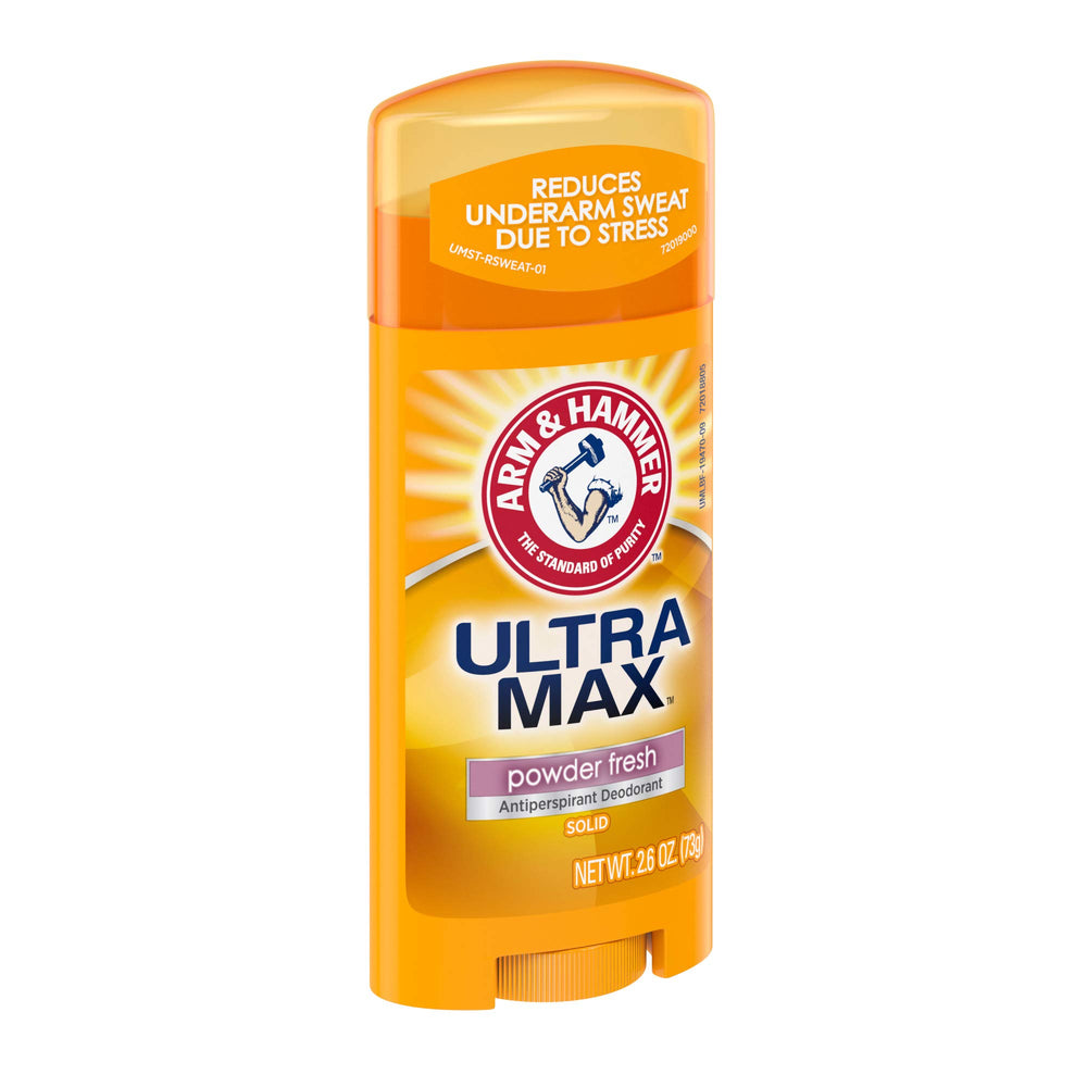 Arm & Hammer Ultra Max tear-off-cap image suggests travel-friendly design.