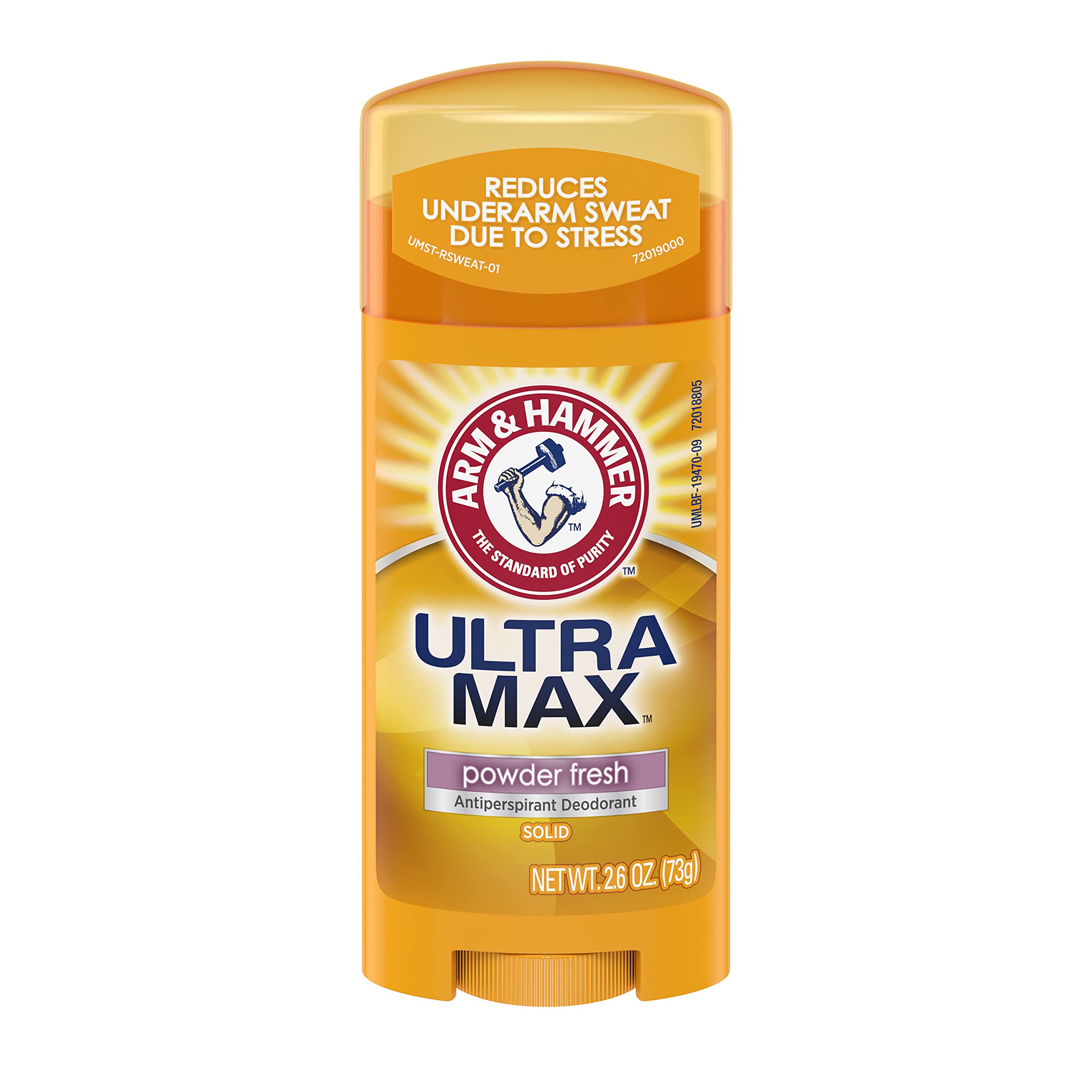 Arm & Hammer Ultramax anti-perspirant solid 12-count packaging provides long-lasting protection.