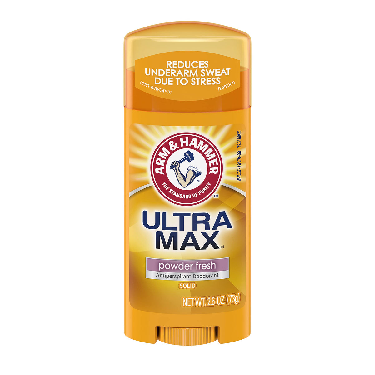 Arm & Hammer Ultramax deodorant solid powder fresh on shelf for all-day odor control.