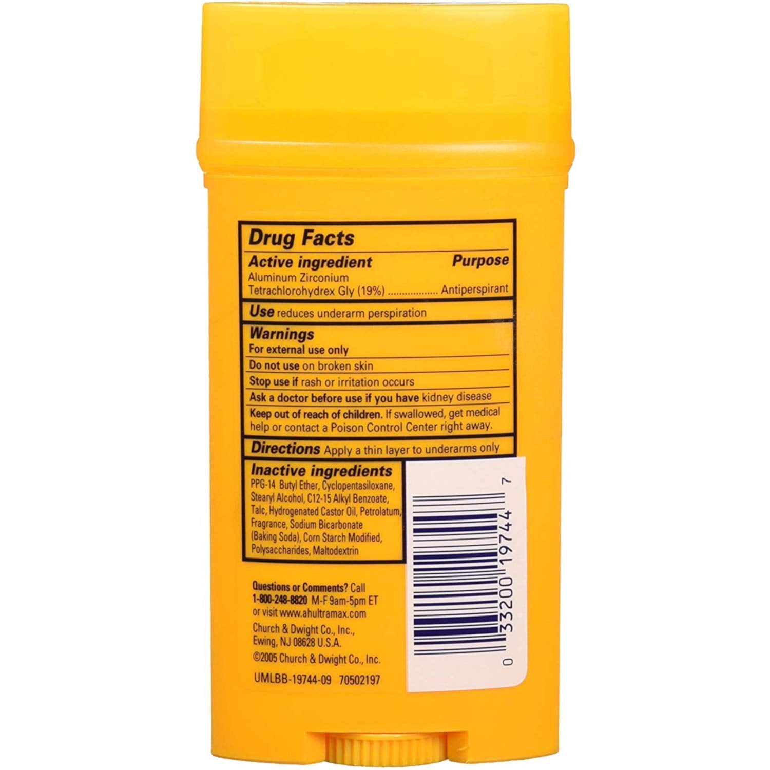 Arm & Hammer Ultramax Solid Antiperspirant Active Sport label close-up shows usage notes and key details