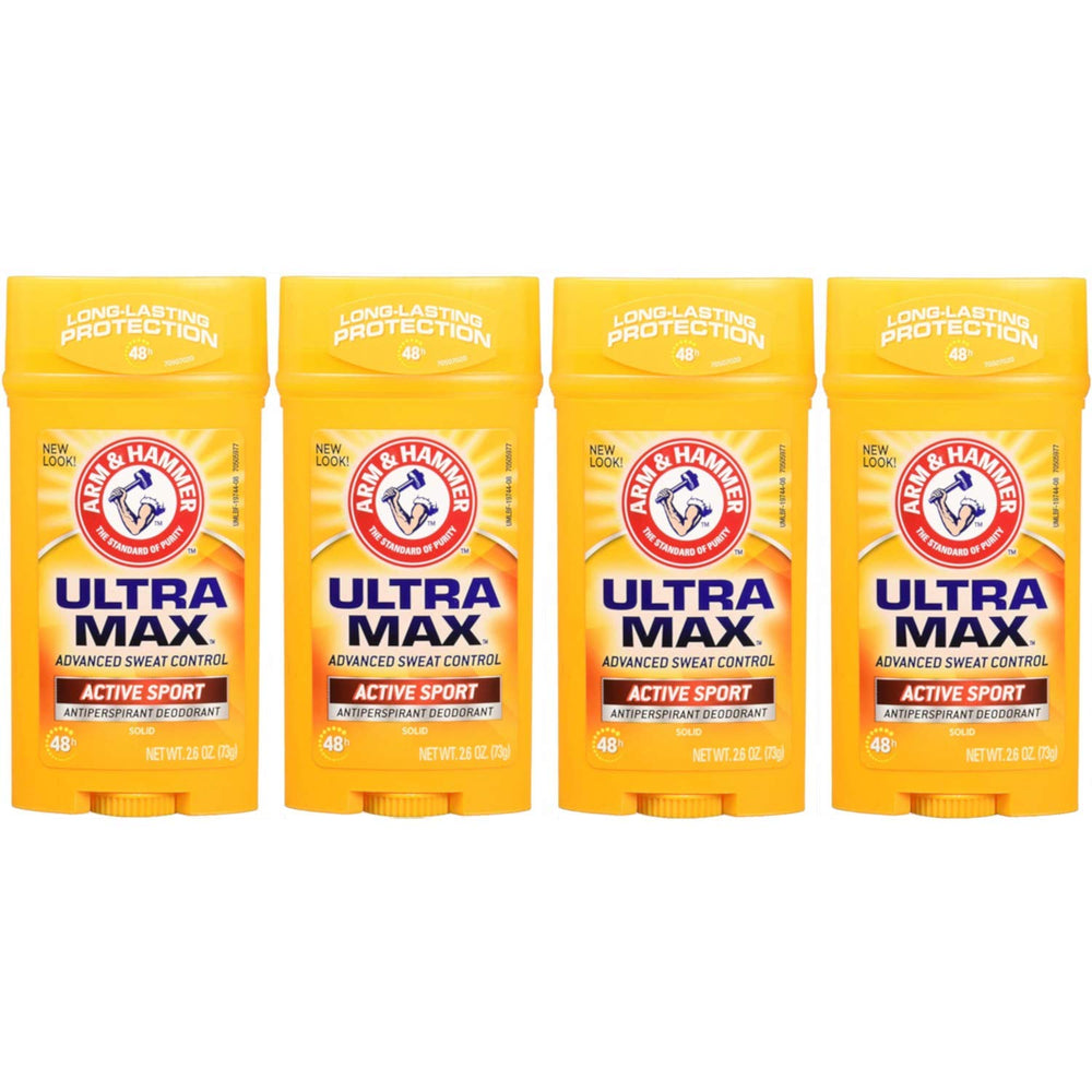 Arm & Hammer Ultramax Solid Antiperspirant Active Sport 4-pack shown for budget-friendly everyday freshness