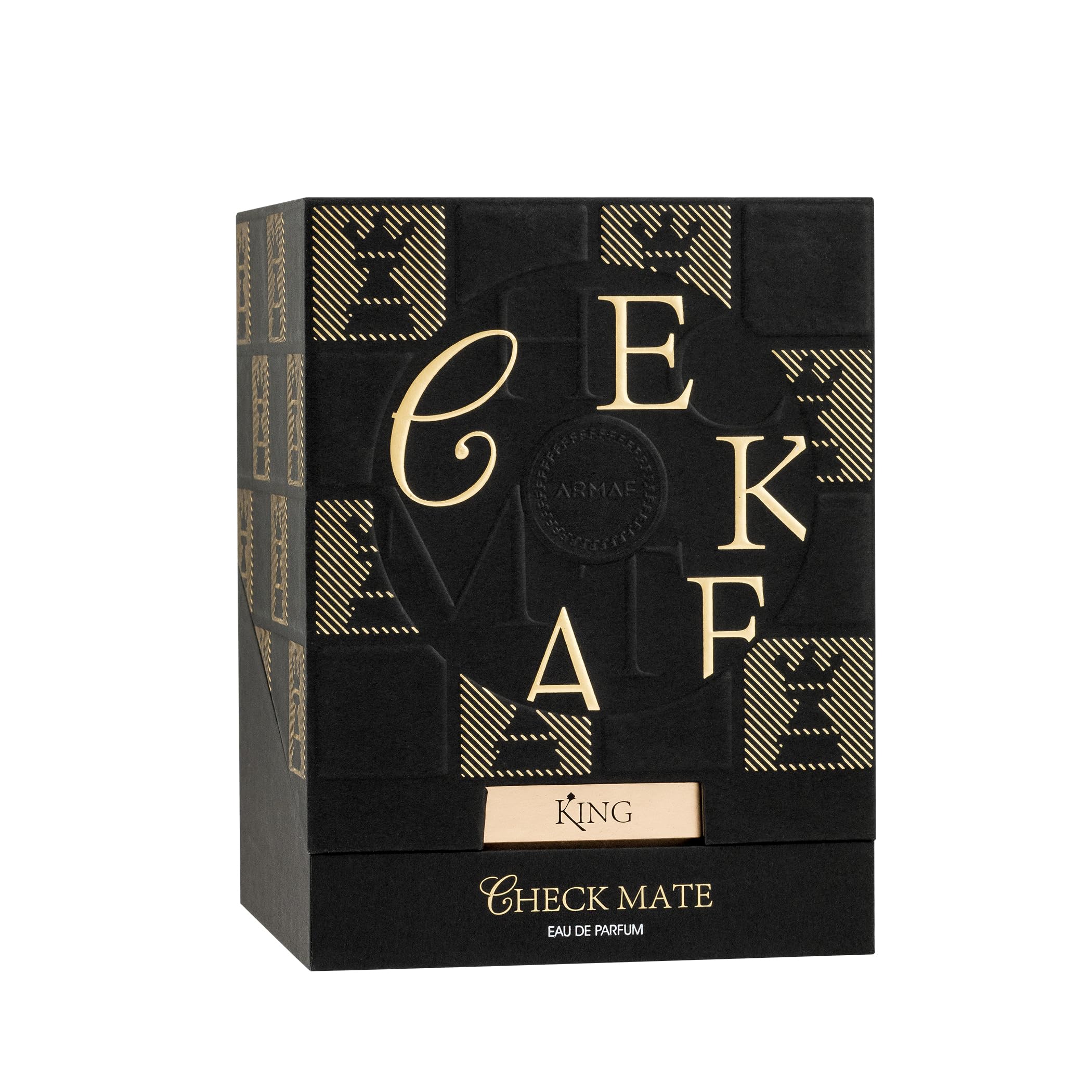Armaf Checkmate King cap close-up highlighting premium packaging for gifting or luxury