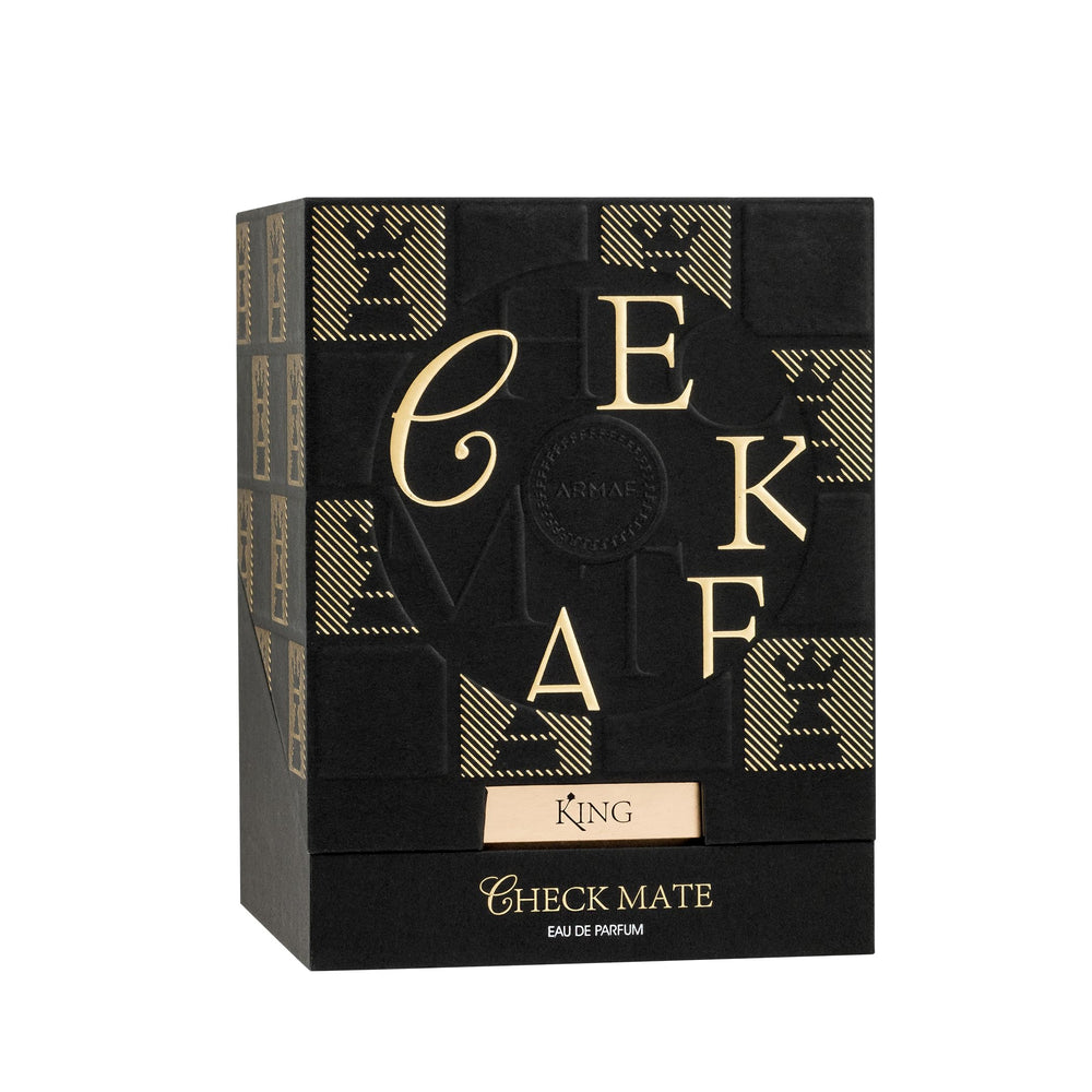 Armaf Checkmate King cap close-up highlighting premium packaging for gifting or luxury