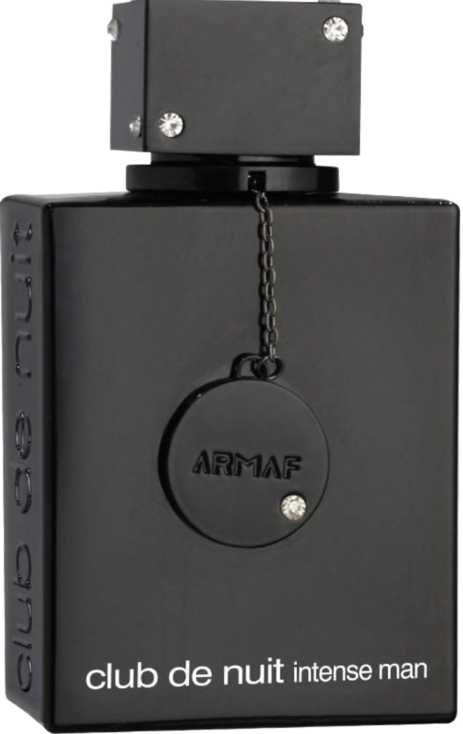Armaf Club De Nuit Intense Man bottle front view, long-lasting woody-spicy fragrance for day and night.