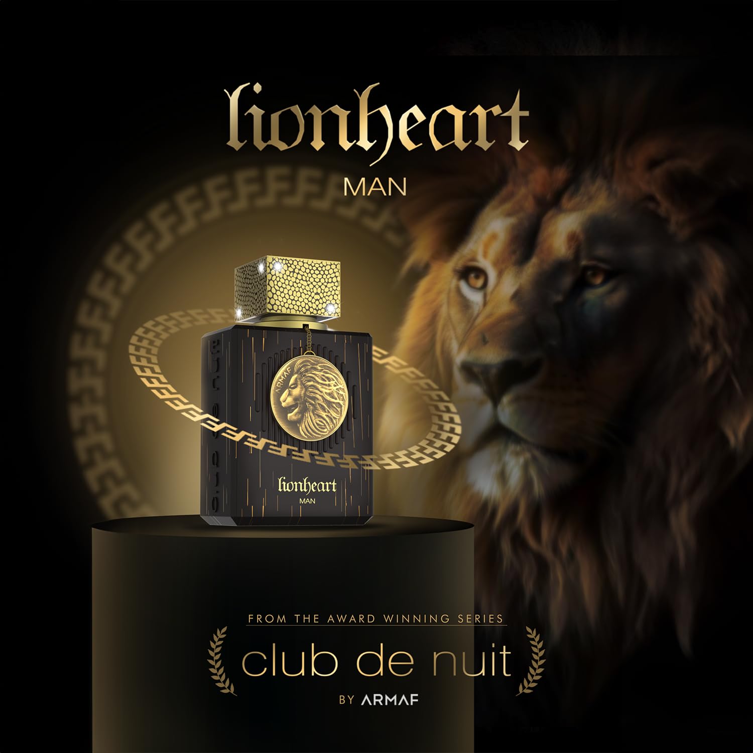 Armaf Club De Nuit Lion Heart label detail signals luxury branding.
