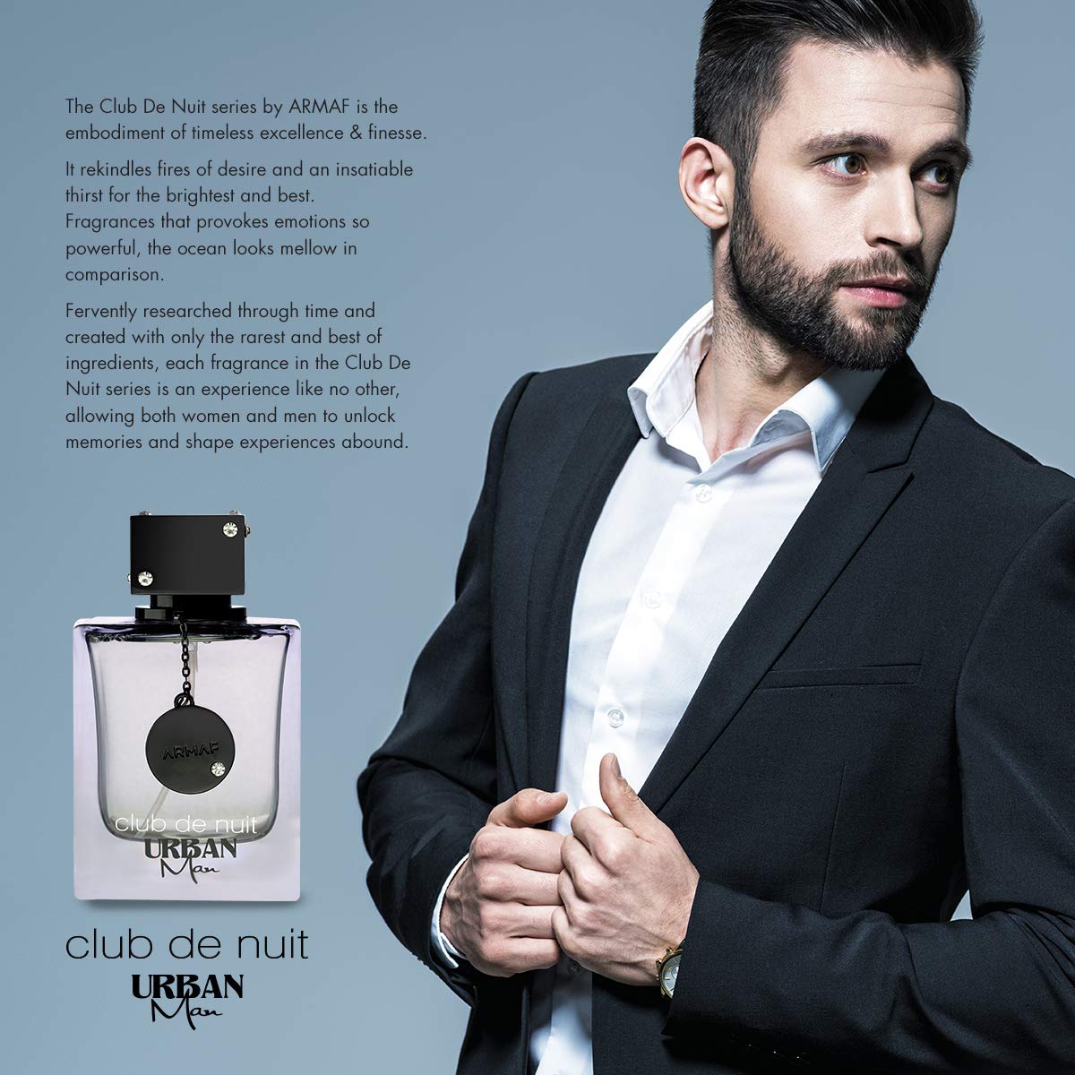 Armaf Club De Nuit Urban Man spray, mid-action view for versatile day-to-night use.