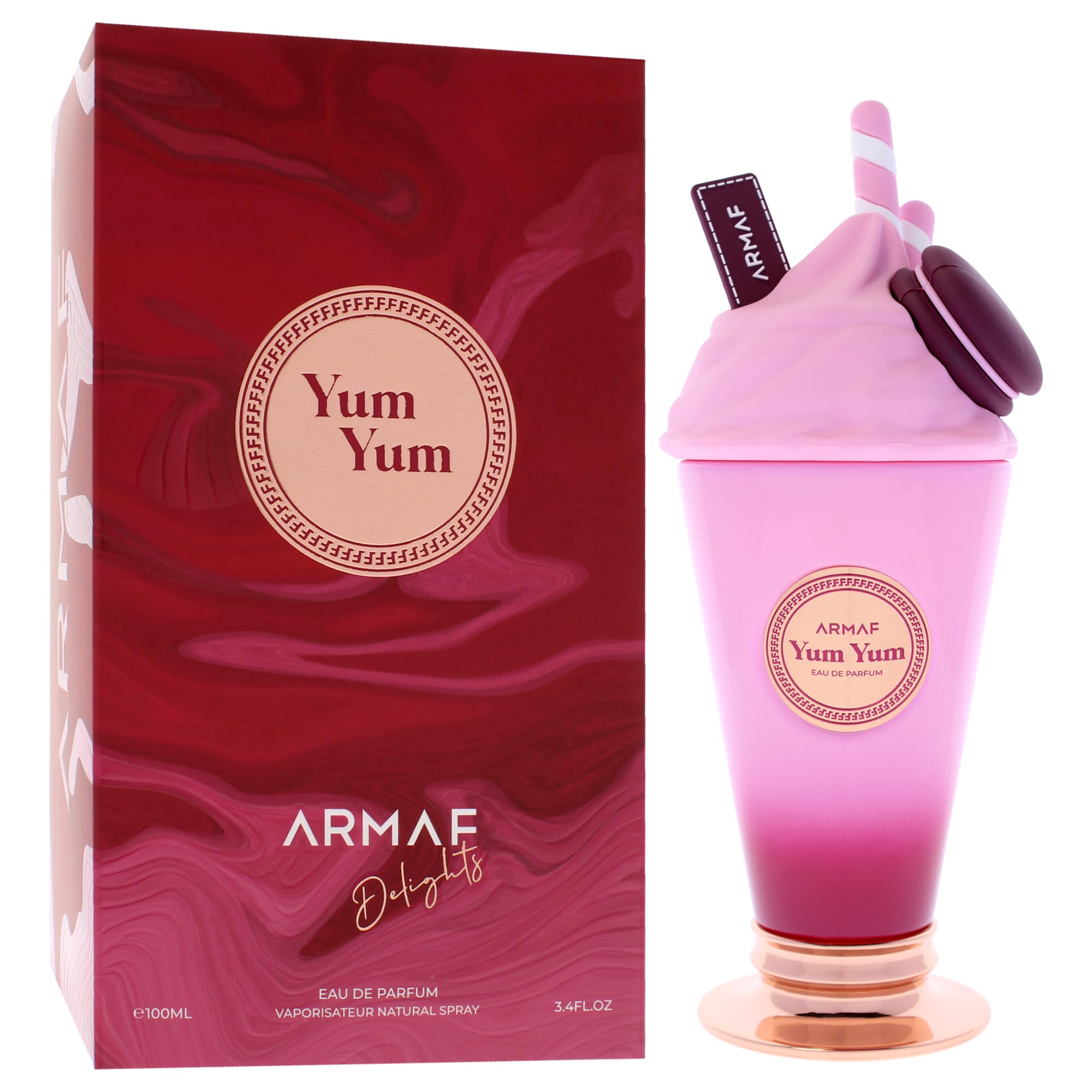 Armaf Delights Yum Yum 3.4 Edp Sp Women floral heart closeup featuring vanilla and rose.
