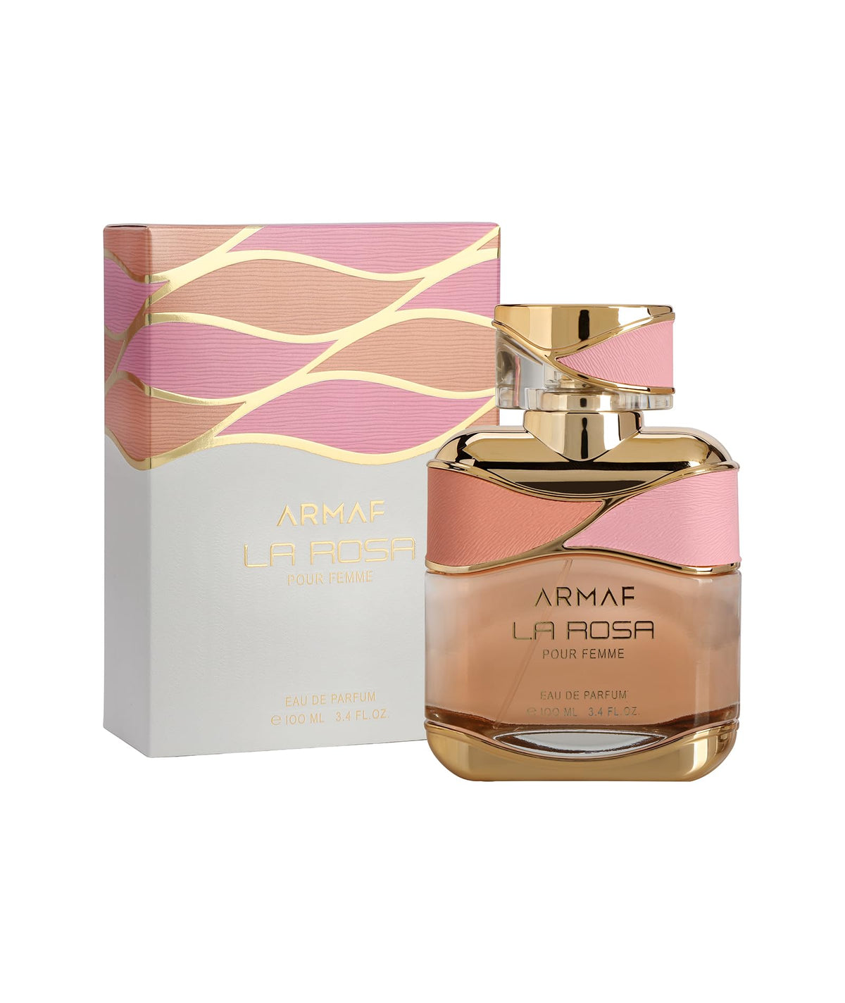 Armaf La Rosa Pour Femme bottle closeup showcases elegant floral branding for daily wear.