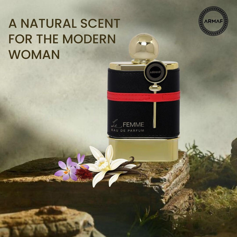 Armaf Le Femme close-up label highlights fragrance family and key notes.
