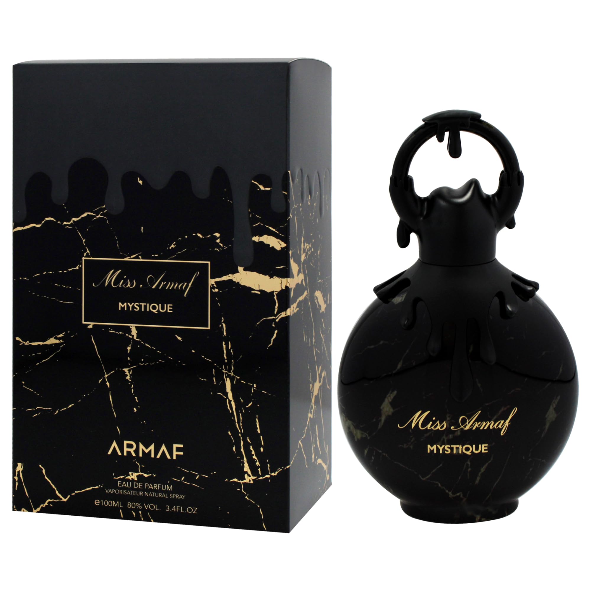 Armaf Miss Mystique label detail emphasizes brand heritage and fragrance storytelling.