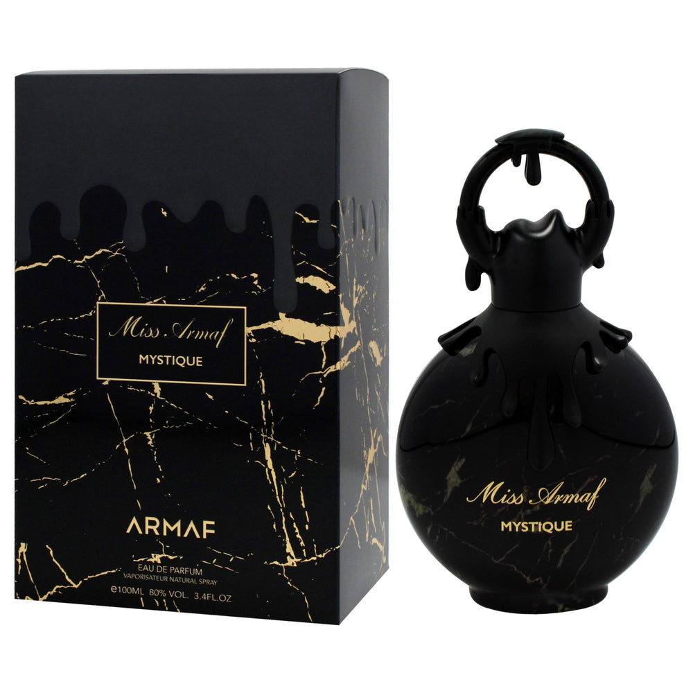 Armaf Miss Mystique label detail emphasizes brand heritage and fragrance storytelling.