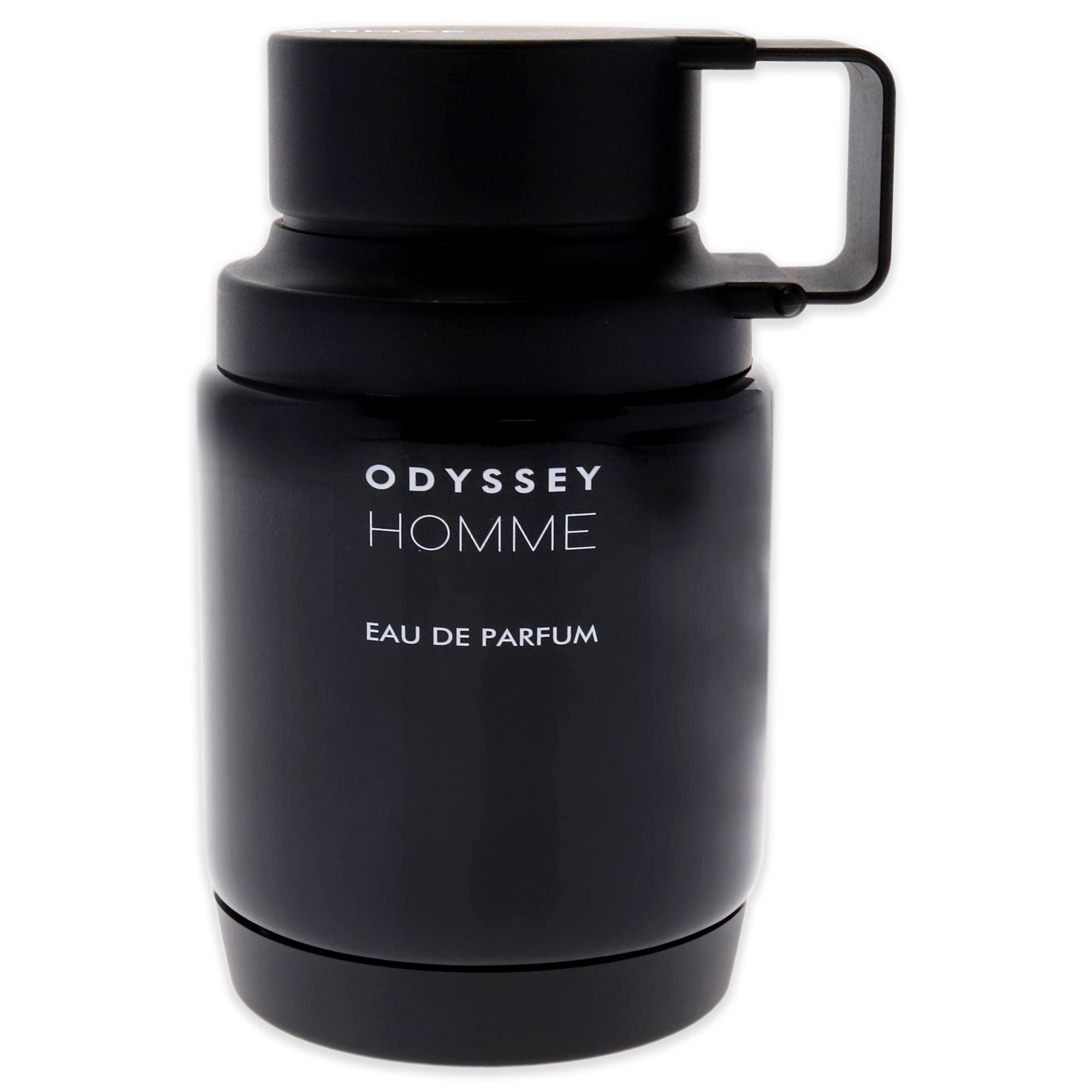 Armaf Odyssey Homme bottle back displays fragrance notes hinting at lingering warmth.
