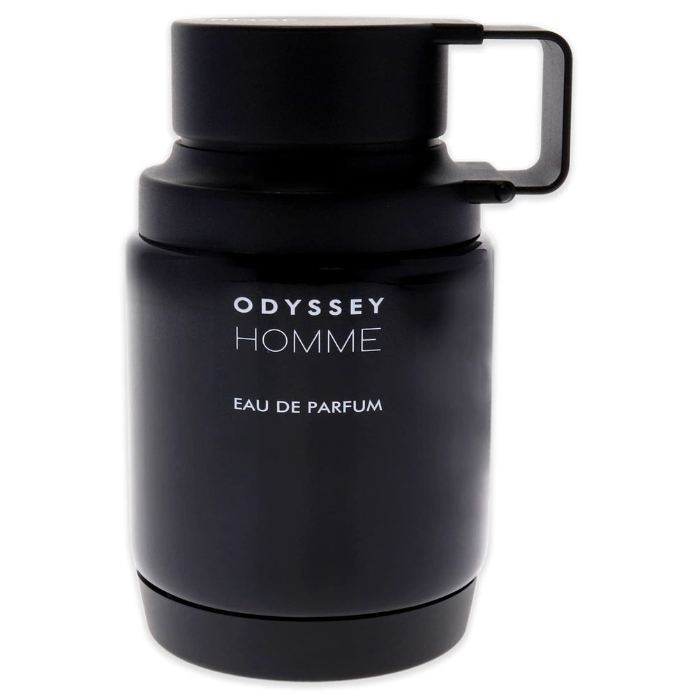 Armaf Odyssey Homme bottle back displays fragrance notes hinting at lingering warmth.