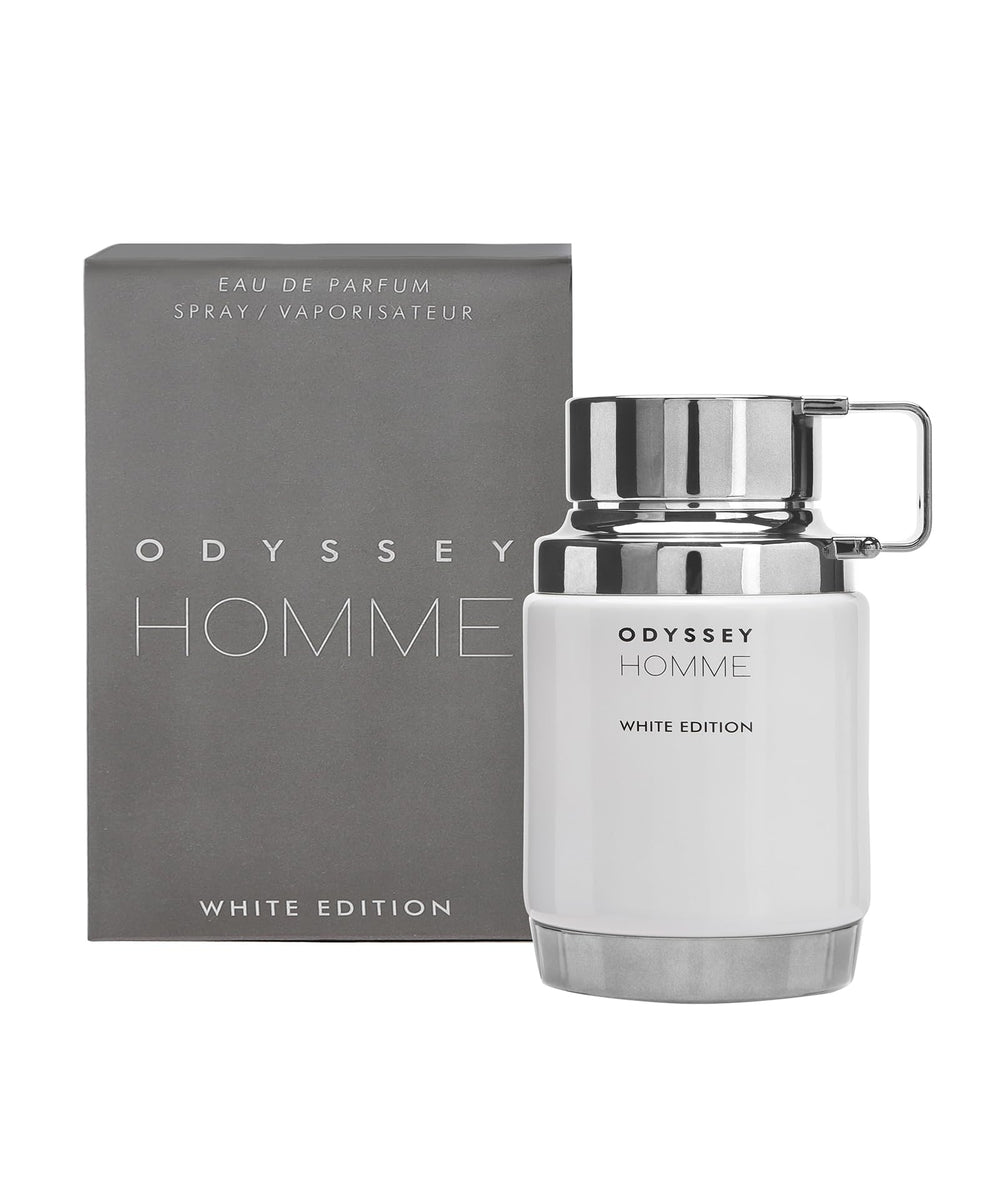 Armaf Odyssey Homme White Edition base notes of amber and wood provide warm sophistication.