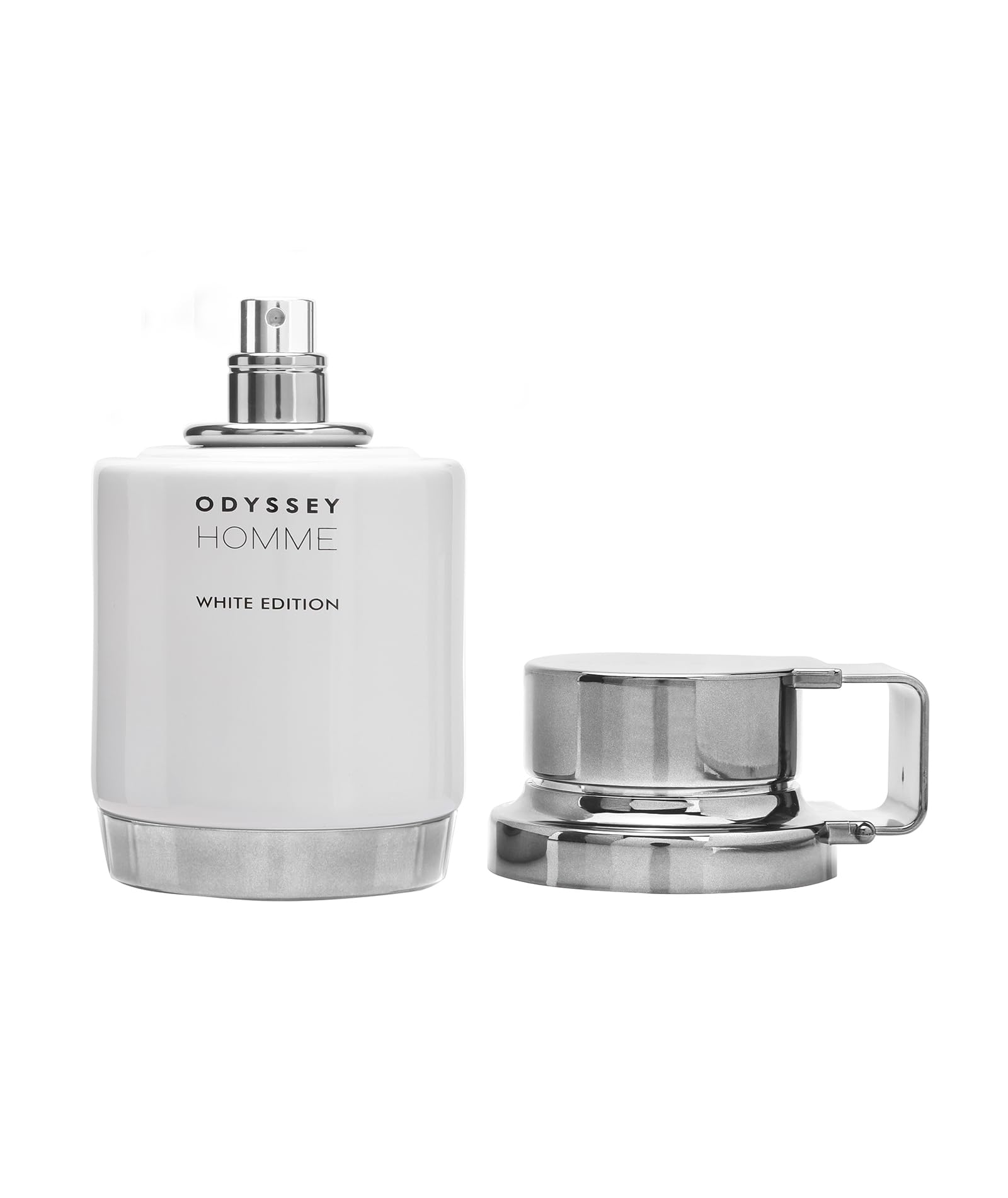 Armaf Odyssey Homme White Edition bottle close-up highlights premium glass and a sleek design.