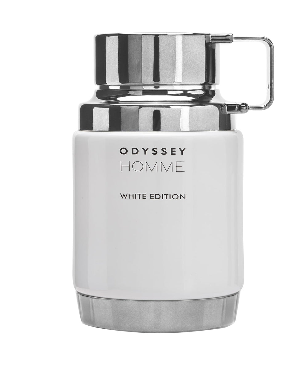 Armaf Odyssey Homme White Edition bottle front reveals a crisp, fresh aura for daily wear.