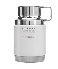 Armaf Odyssey Homme White Edition bottle front reveals a crisp, fresh aura for daily wear.