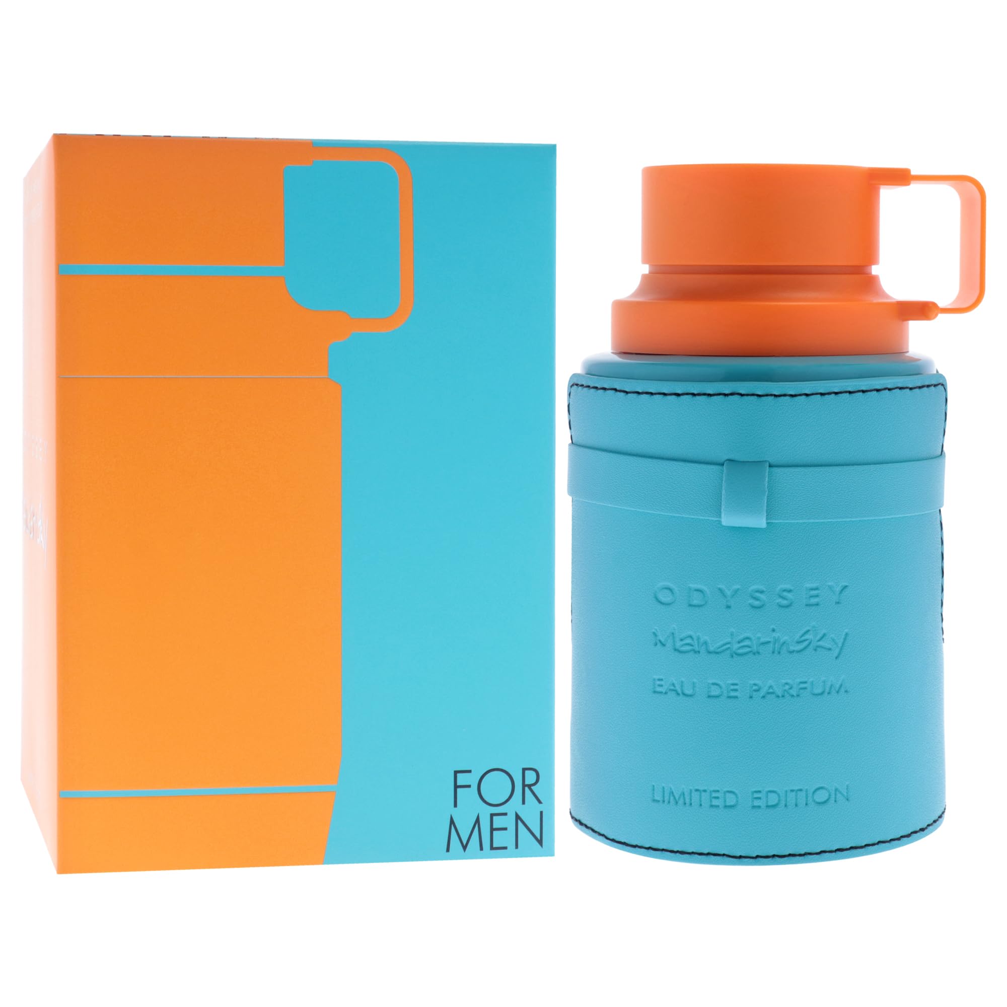 Armaf Odyssey Mandarin Sky label front emphasizes brand identity and style.