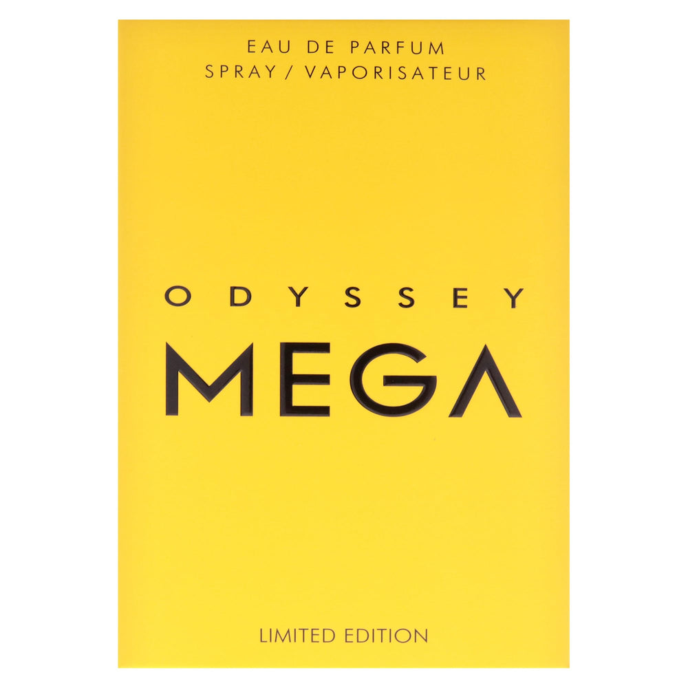 Odyssey Mega EDP label detail emphasizes brand reliability and fragrance richness.