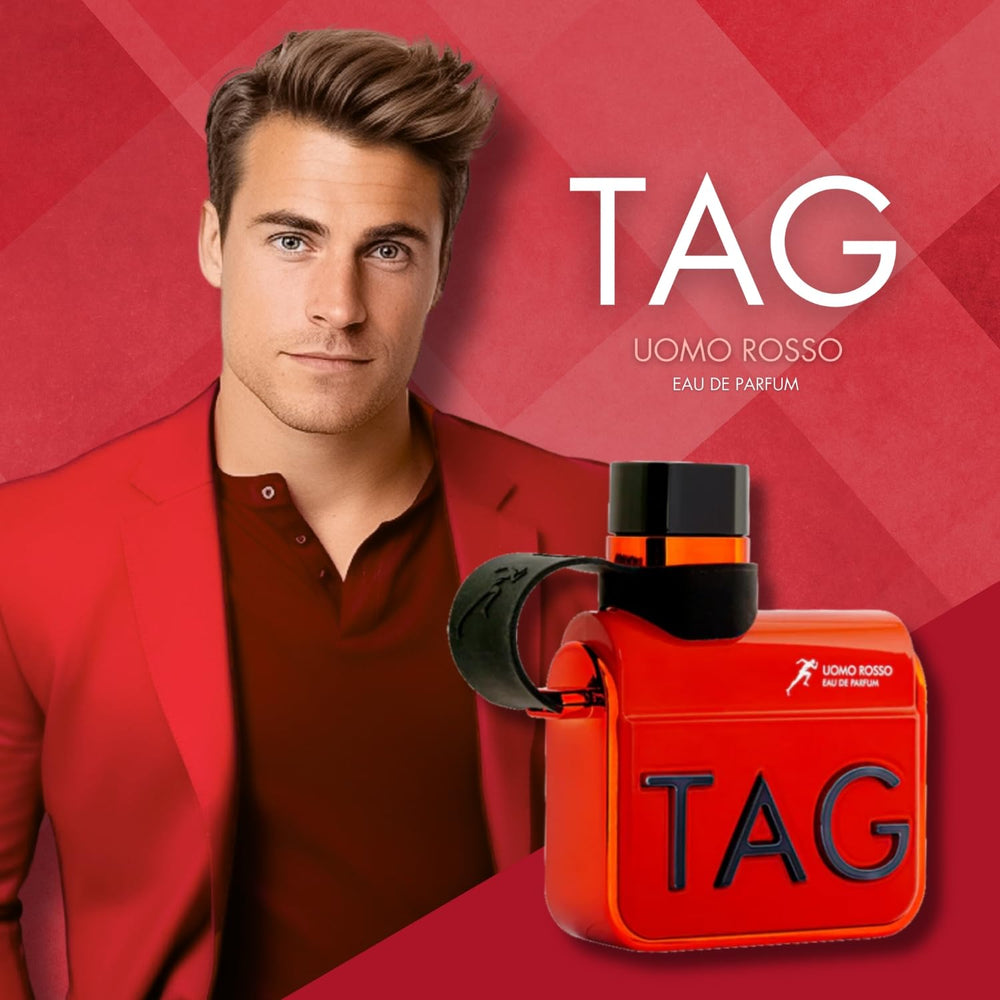Armaf Tag Him Ummo Rosso Red bottle closeup reveals warm spicy citrus notes.