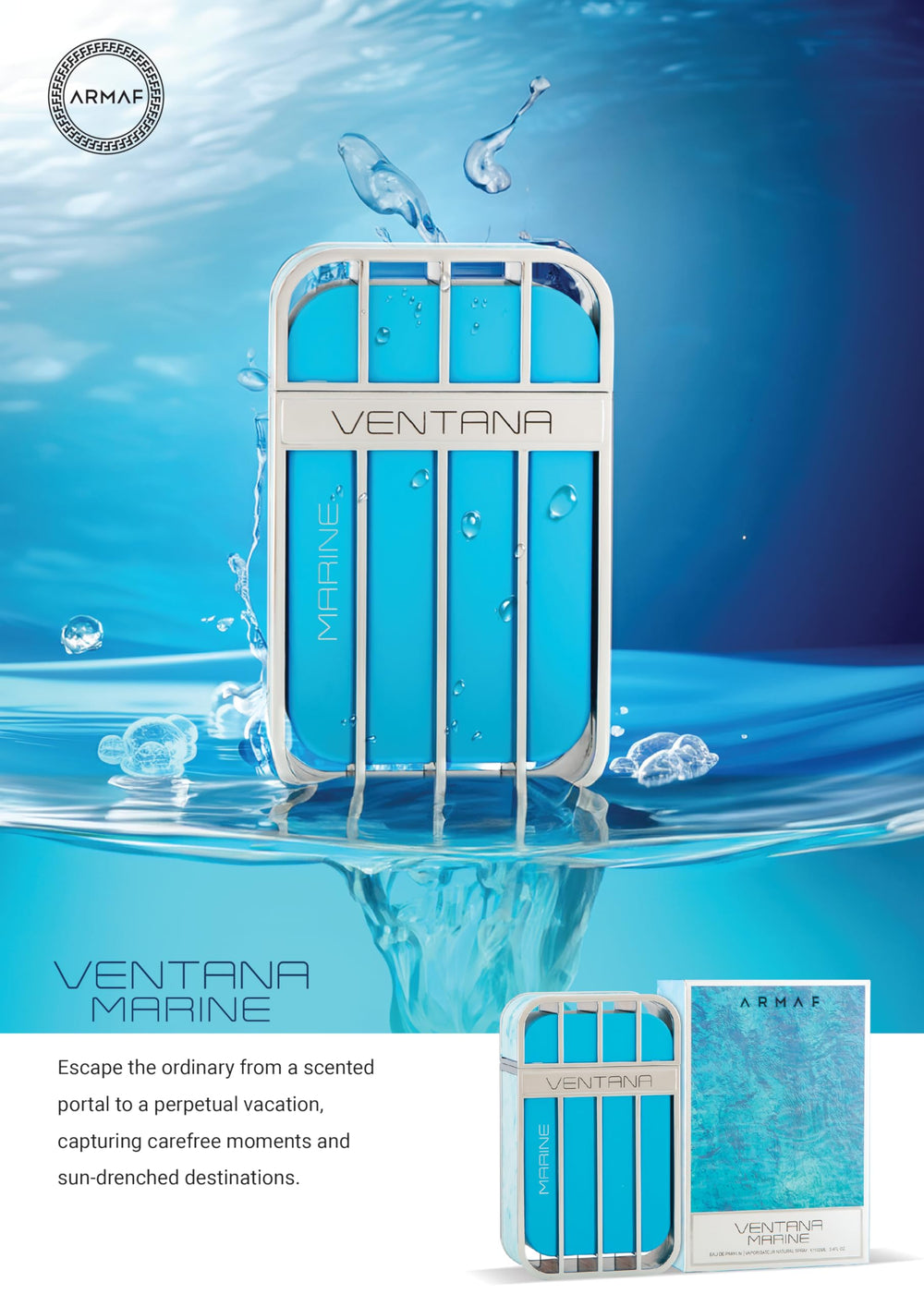 Armaf Ventana Marine travel-size box emphasizes on-the-go fragrance convenience.