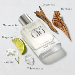 Armani Beauty Acqua di Gio bottle angled shot highlighting marine breeze for everyday freshness.