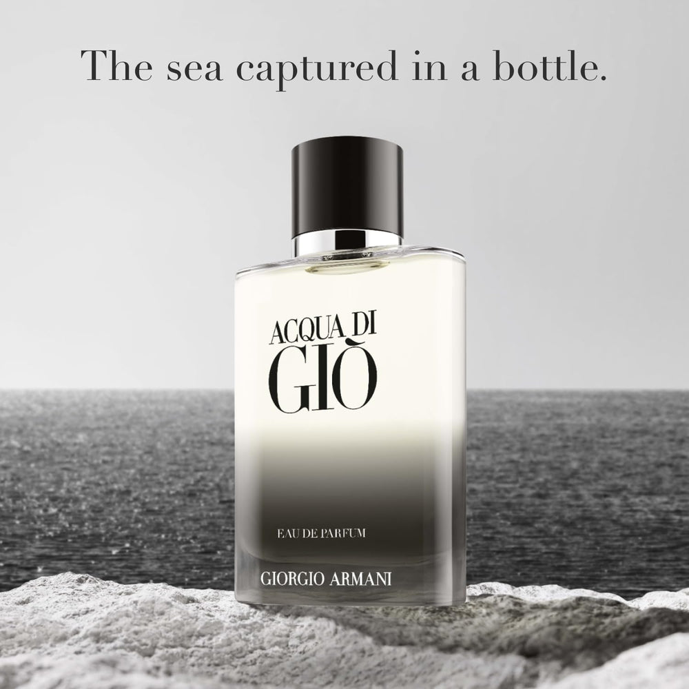 Armani Beauty Acqua di Giò bottle neck logo highlights heritage and elegant design.
