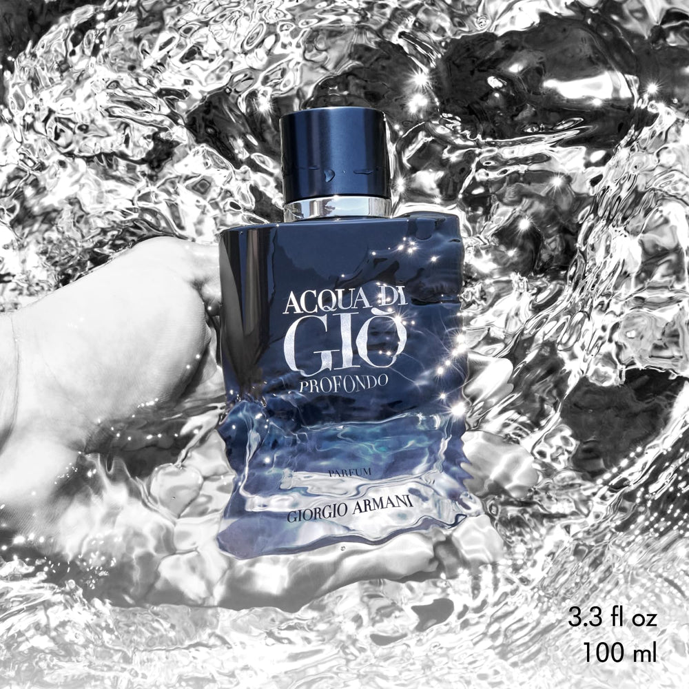 Armani Beauty Acqua di Giò Profondo deep blue bottle on display in store.