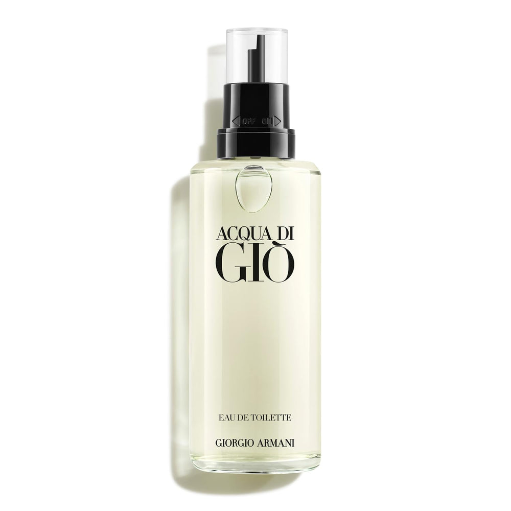 Armani Beauty Acqua di Gio refill bottle top close-up showing easy at-home replenishment.