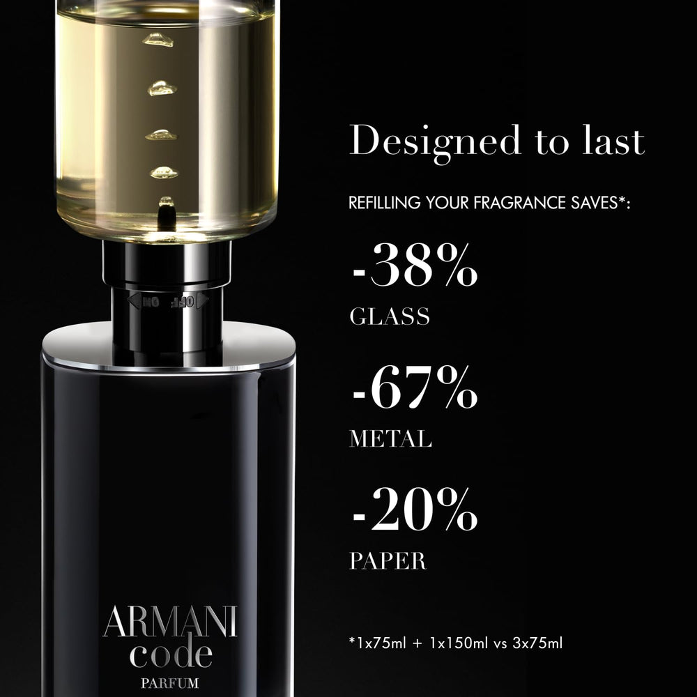 Armani Beauty Code Parfum for Men sleek black bottle design reflects modern luxury.