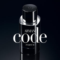 Armani Beauty Code Parfum for Men tonka bean and cedarwood base creates lasting warmth.