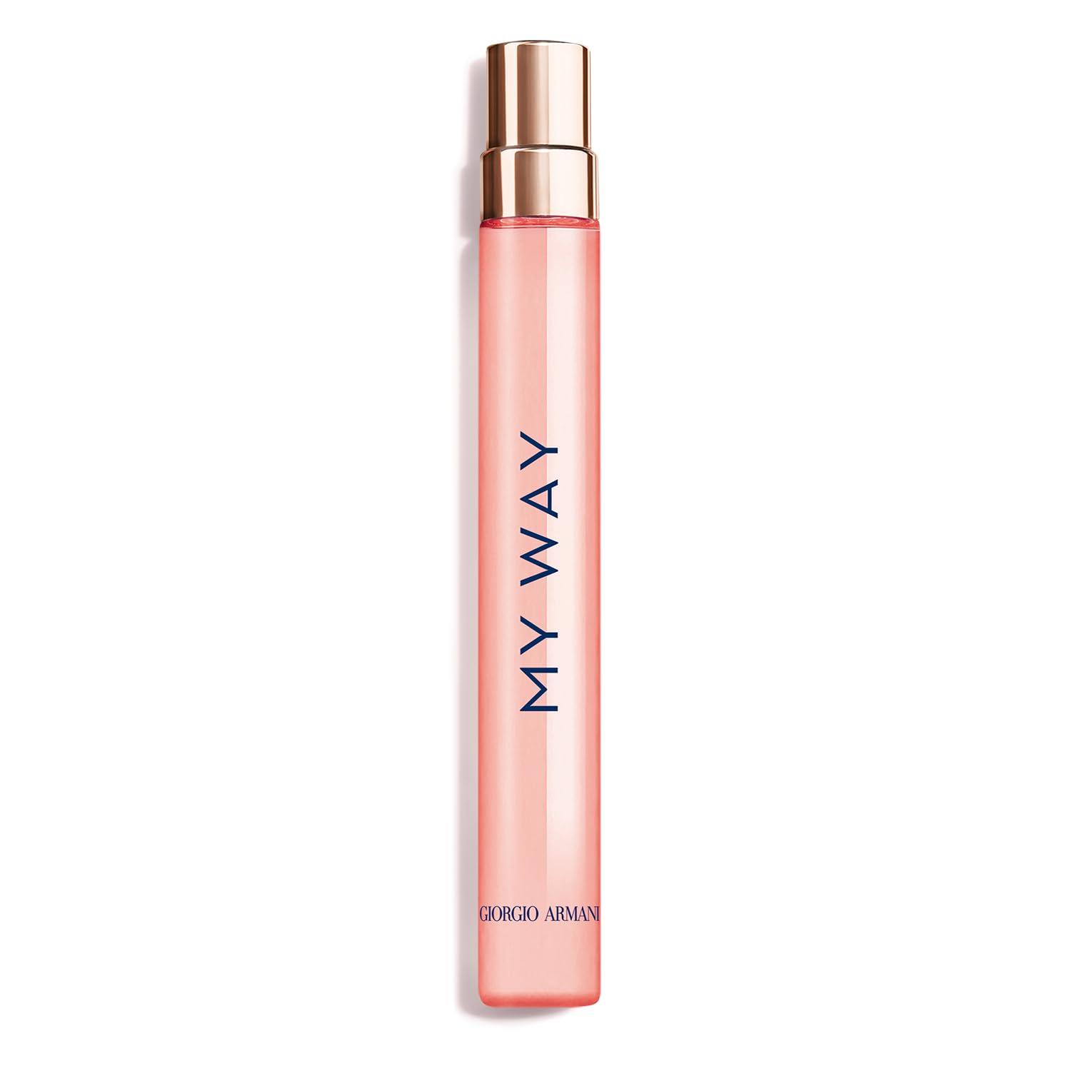 Armani Beauty My Way Ylang bottle closeup emphasizes vibrant coral hue for uplifting moments.