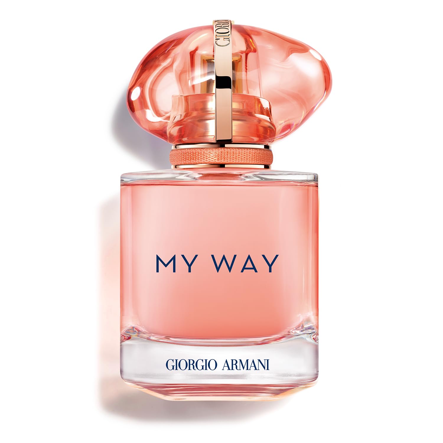 Armani Beauty My Way Ylang bottle in coral tone signals bright, day-friendly confidence.
