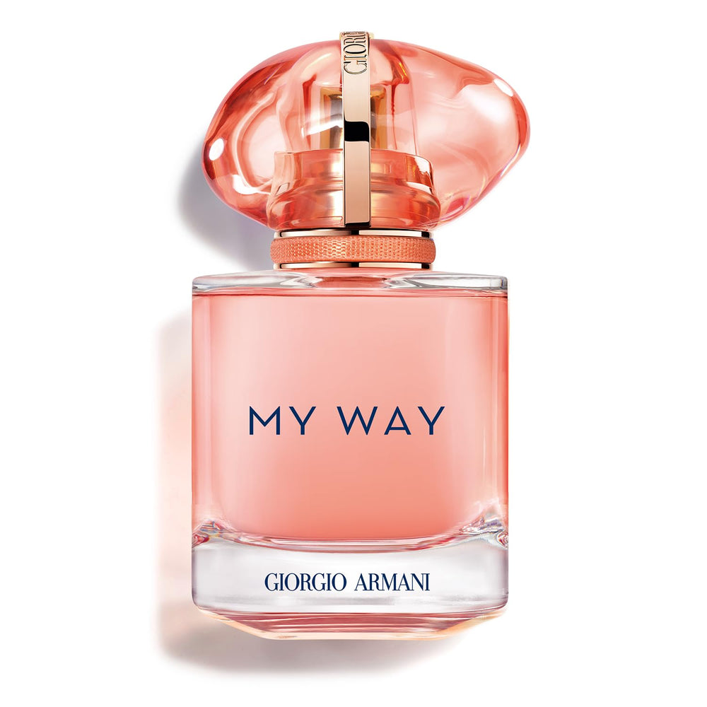 Armani Beauty My Way Ylang bottle in coral tone signals bright, day-friendly confidence.