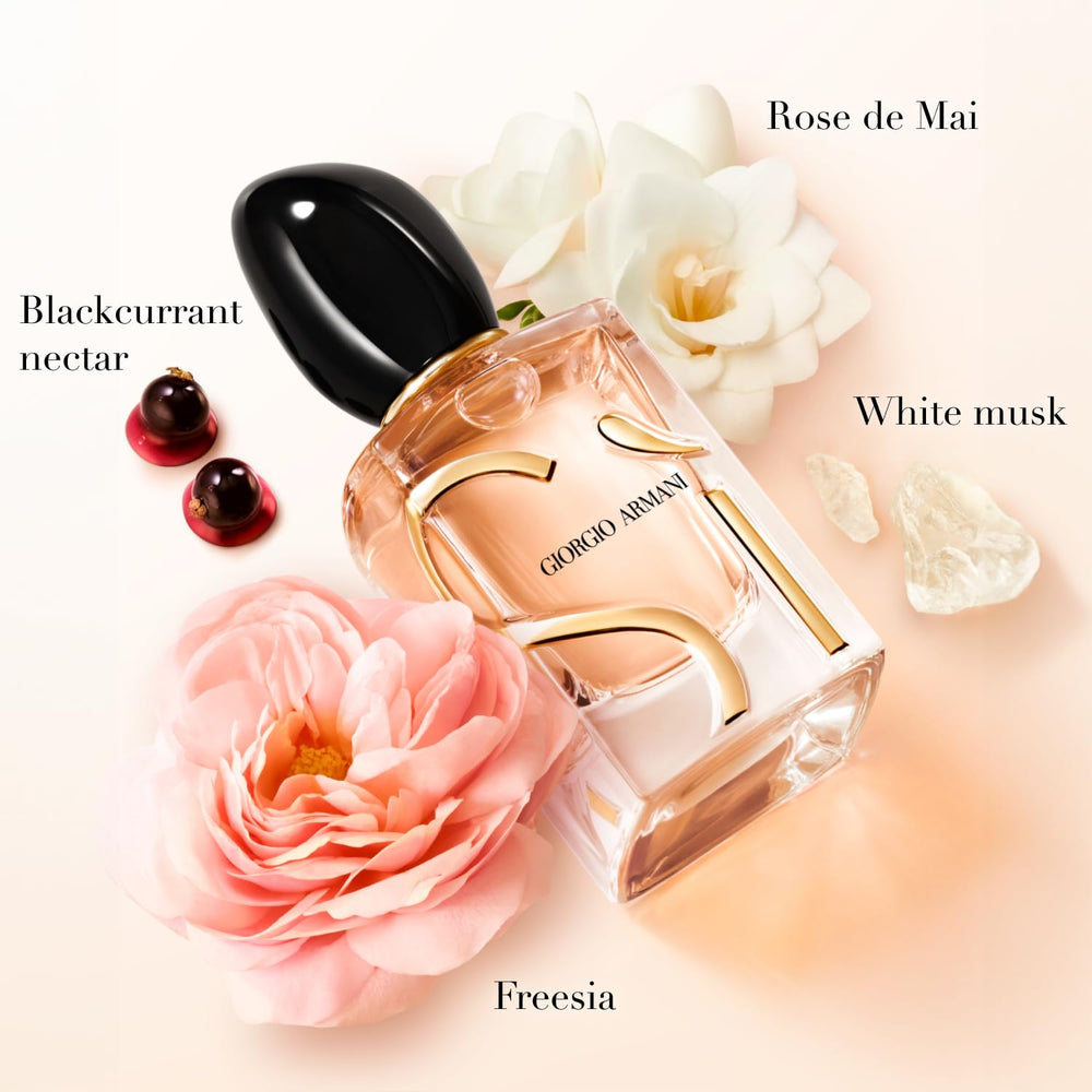 Armani Beauty Sì bottle closeup featuring rose and vanilla notes inviting romantic confidence and warmth