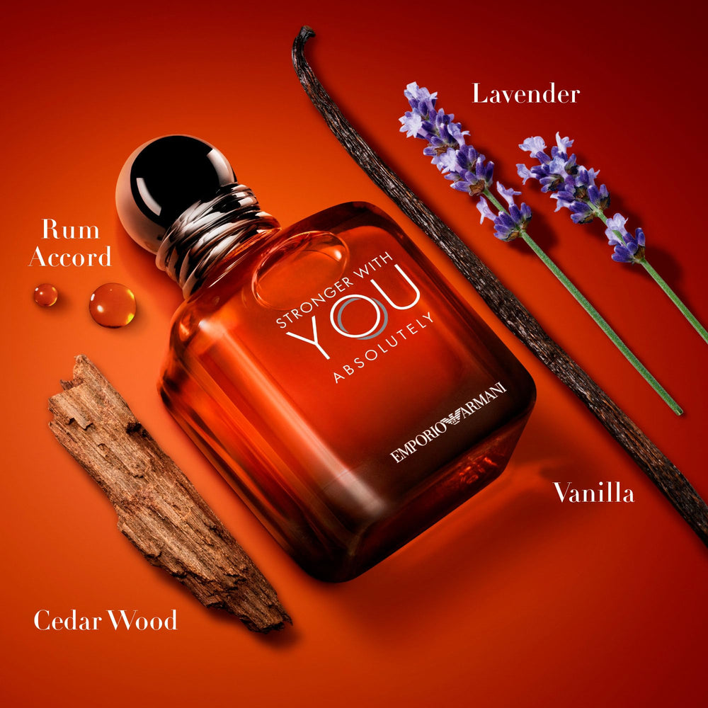 Armani Beauty Stronger with You Absolutely bottle detail highlighting rum accord for warmth