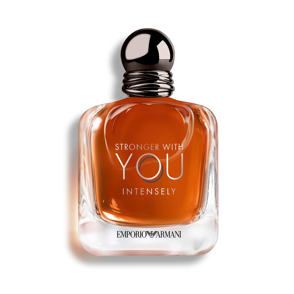 Armani Beauty Stronger With You Intensely bottle closeup shows bold design for confident style.