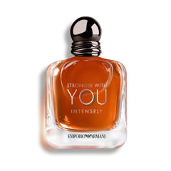 Armani Beauty Stronger With You Intensely bottle closeup shows bold design for confident style.