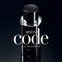 Armani Code EDP cap close-up, premium craftsmanship highlighted.
