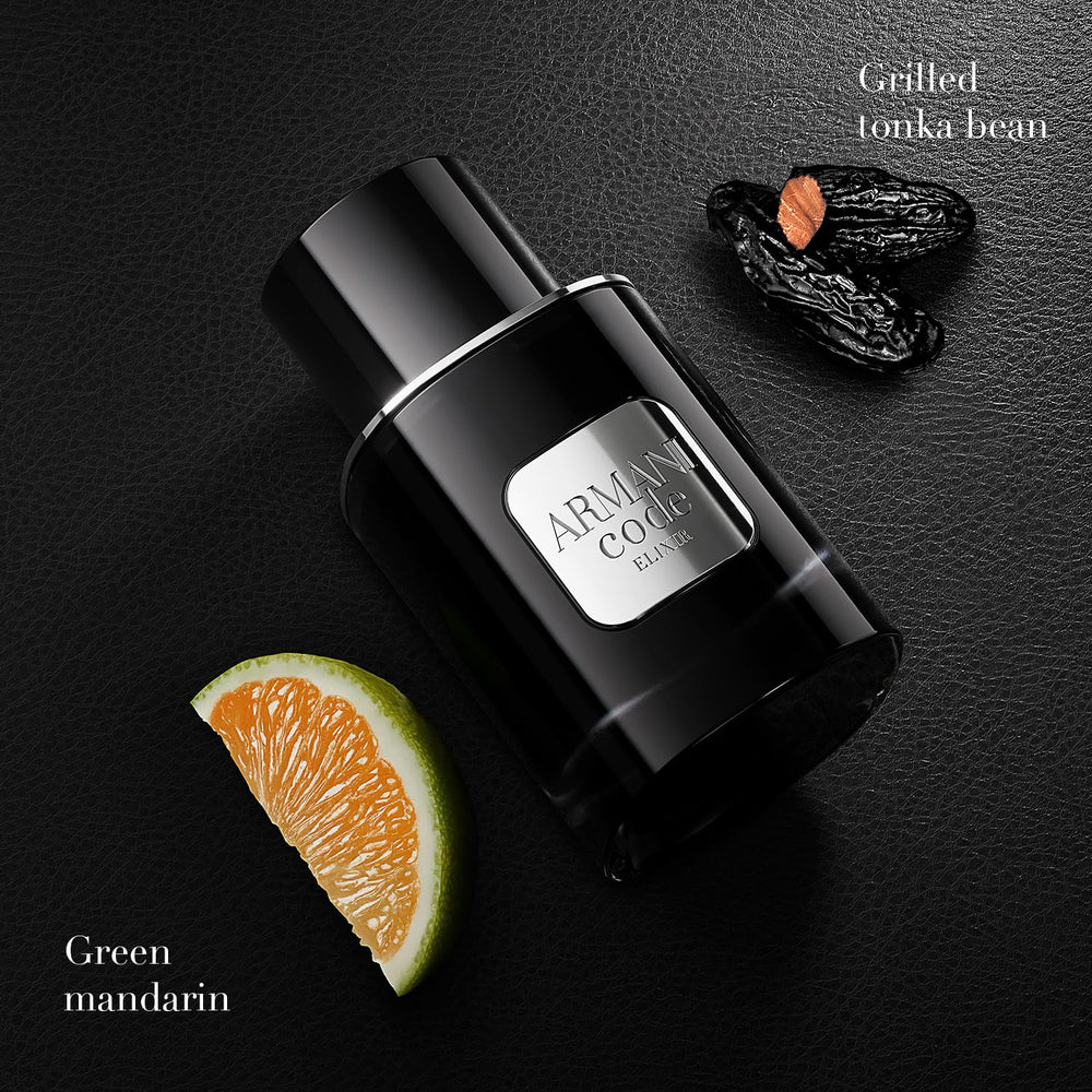 Armani Code Elixir spill and splash shot conveys bold, confident scent application