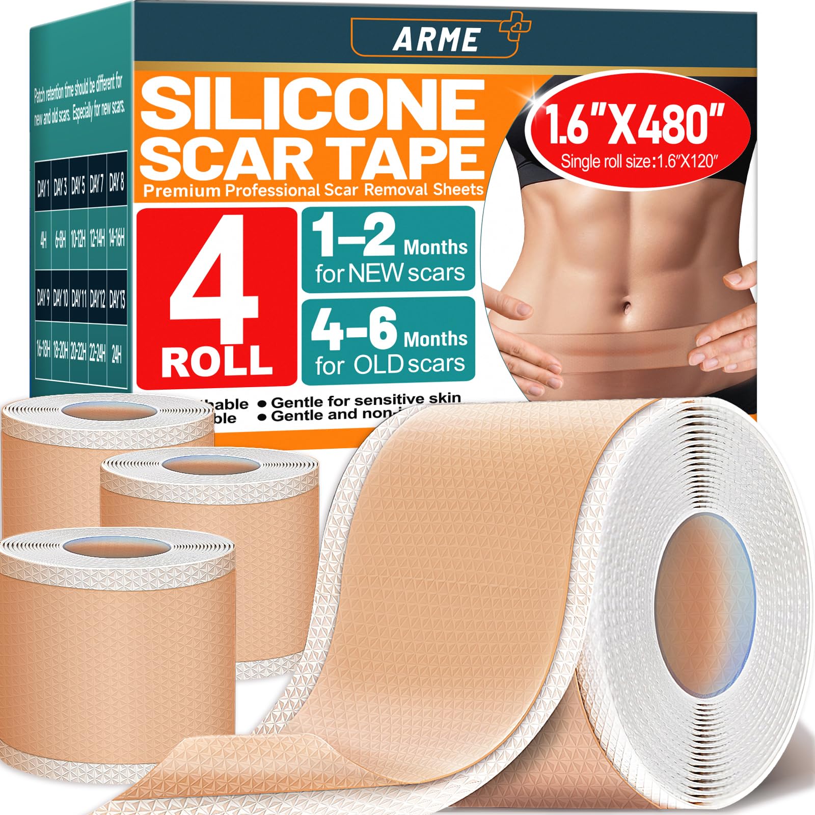 Arme silicone scar tape 4-roll pack applied for long-term scar care and cost savings.
